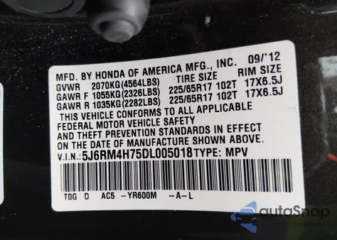 2013 Honda Cr-V Ex-L from USA, damaged, VIN 5J6RM4H75DL005018